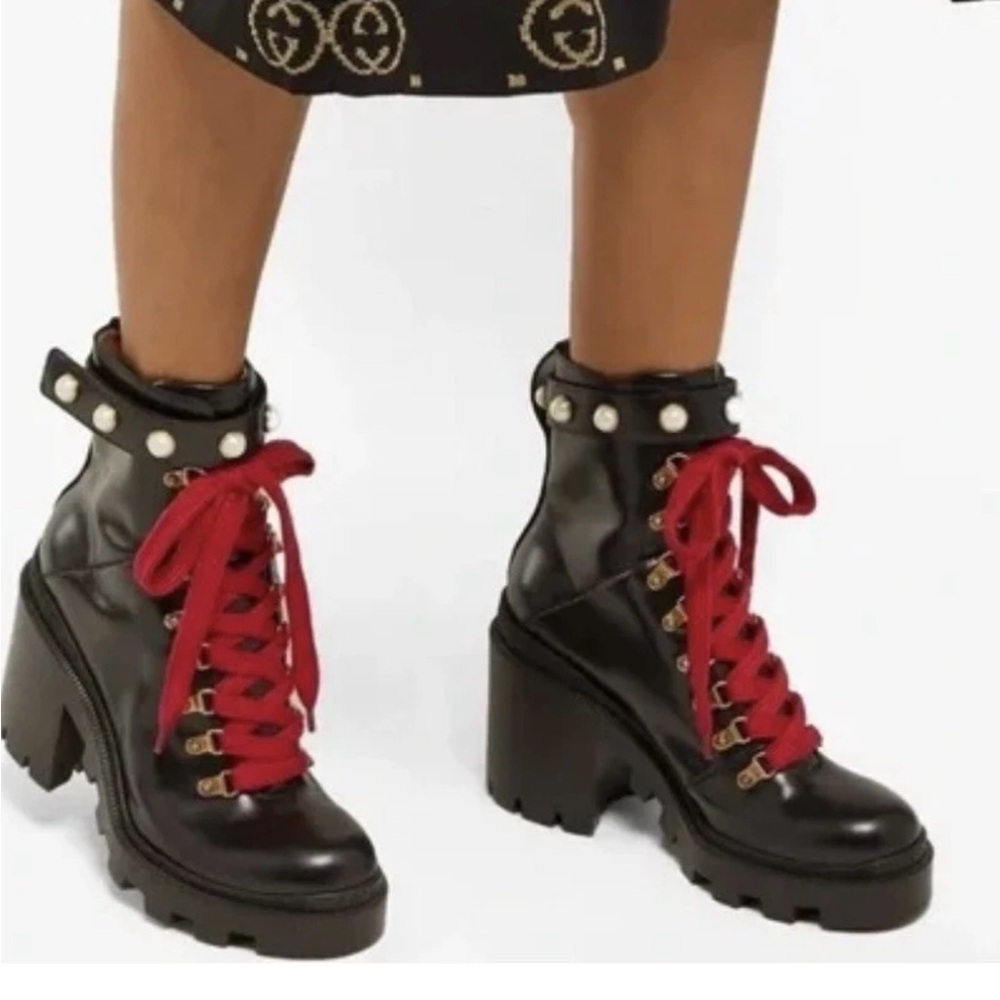 Gucci Magnum calfskin pearl lace up combat ankle boots black red laces size 37